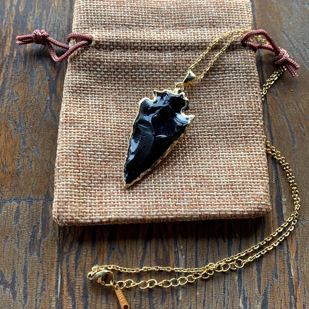 Brand New Black Obsidian Pendant with Gold plated Chain Black Obsidian Necklace - Picture 2 of 3